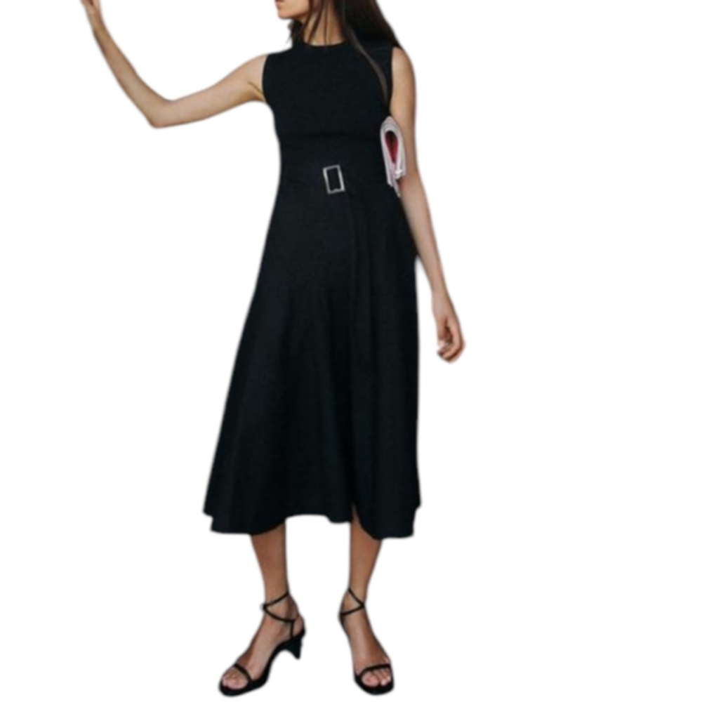 Zara Ribbed Top Round Neck Sleeveless Midi Dress Tortoise Shell Belt